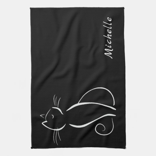 Minimale witte kat op zwart, voeg naam toe theedoek (Verticaal)