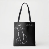 Minimale witte kat op zwart, voeg naam toe tote bag (Voorkant)