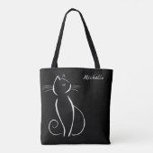 Minimale witte kat op zwart, voeg naam toe tote bag (Achterkant)