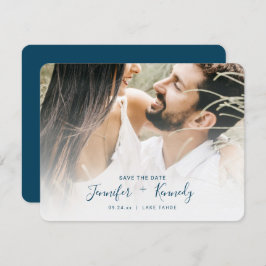 Minimale witte overlay Navy Blue Text & Photo Save The Date