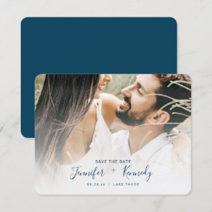 Minimale witte overlay Navy Blue Text & Photo Save The Date