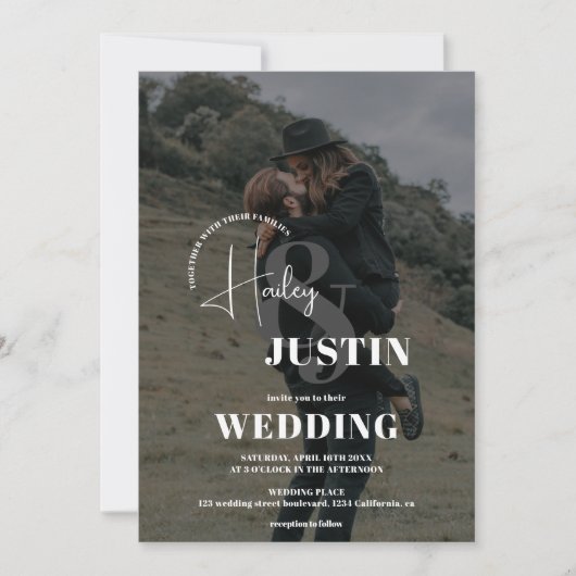 Minimale witte zwarte fotobedekking bruiloft kaart (Voorkant)