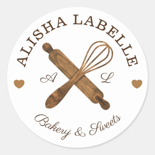 Minimale wooden Rolling Pin & Whisk Bakery Logo Ronde Sticker (Voorkant)