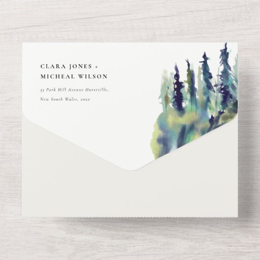 Minimale Zacht Pijn Boom Landschap Weddenschap All In One Uitnodiging (Achterkant)