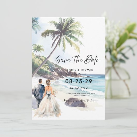 Minimale zomervakantiebestemming save the date (Staand voorkant)