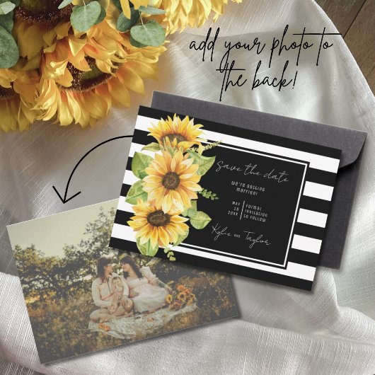 Minimale zonnebloem Black Stripe Weddenfoto Save The Date