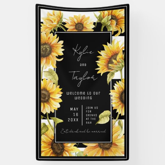 Minimale zonnebloem Black White Stripe Wedding Spandoek (Verticaal)