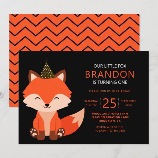 Minimale zonzigzagzwarte Cute Little Fox Kaart (Voorkant / Achterkant)