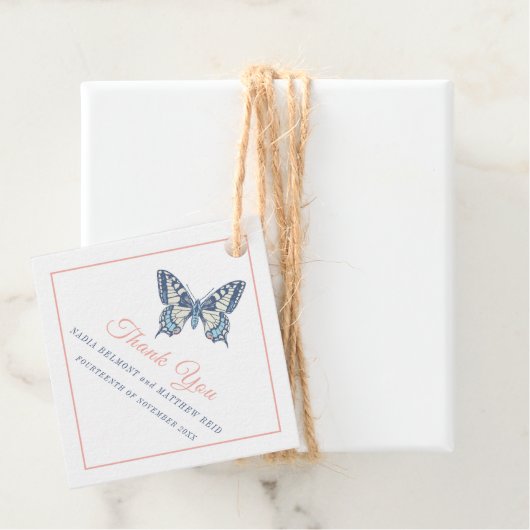 Minimale zwaluwstaart koraal blauwe bruiloft dank bedankjes labels (In situ)