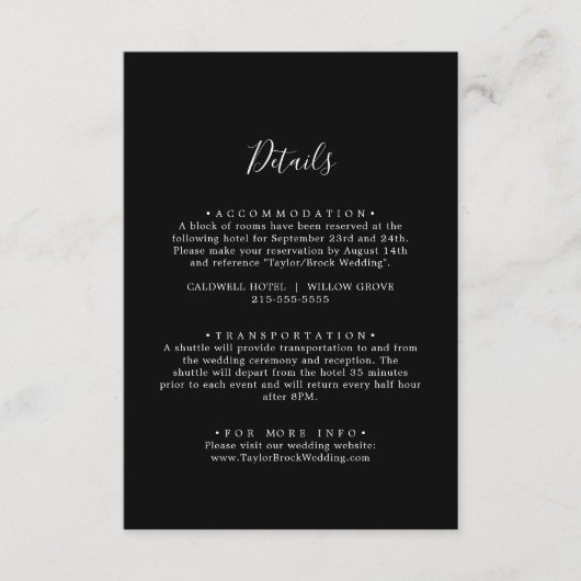 Minimale zwart coördinaat bruiloft details informatiekaartje (Voorkant)
