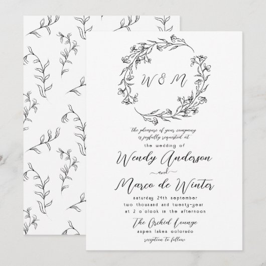 Minimale Zwart en Wit Boho Botanische Trouwdag Kaart (Voorkant / Achterkant)