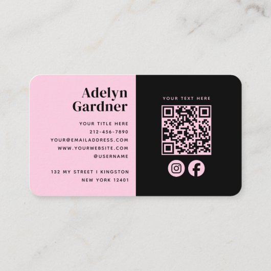 Minimale zwart roze monogram QR-code sociale media Visitekaartje (Achterkant)