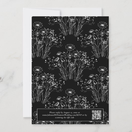 Minimale Zwart Wit Bloemen QR Code Elegante Bruilo Kaart (Achterkant)
