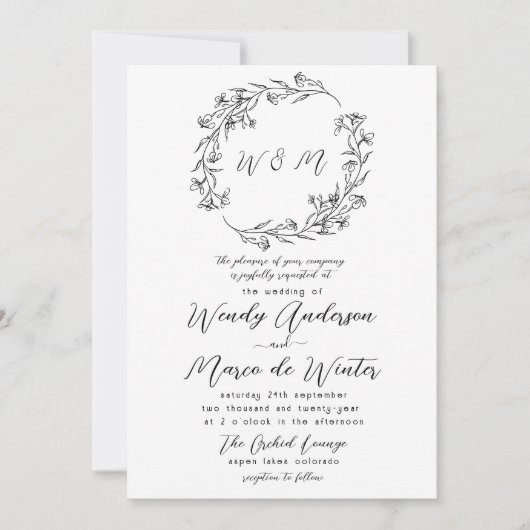 Minimale zwart-wit Boho Botanische bruiloft Kaart (Voorkant)