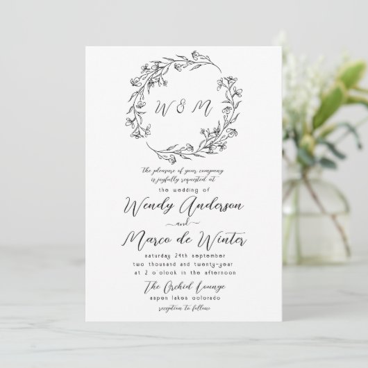 Minimale zwart-wit Boho Botanische bruiloft Kaart (Staand voorkant)