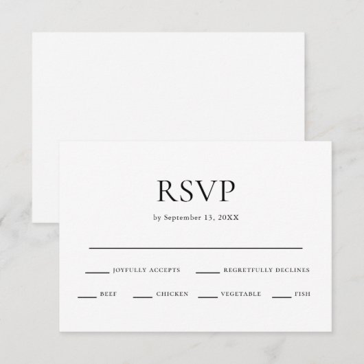 Minimale zwart-wit bruiloft maaltijdkeuze RSVP kaartje (Voorkant / Achterkant)