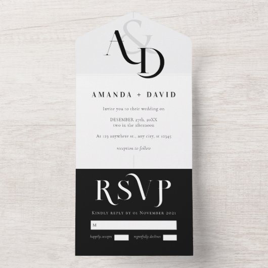 Minimale zwart-wit eenvoudige bruiloft all in one uitnodiging (Binnen)
