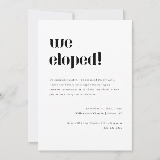 Minimale zwart wit Elopement bruiloft receptie Kaart (Voorkant)