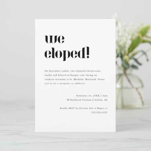 Minimale zwart wit Elopement bruiloft receptie Kaart (Staand voorkant)