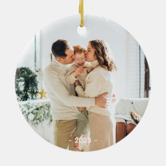 Minimale zwart-wit familie twee foto's keramisch ornament (Achterkant)