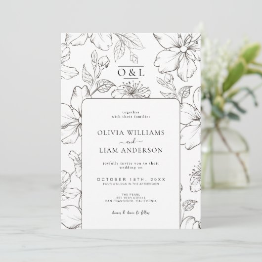 Minimale zwart-wit florale chique monogram bruilof kaart (Staand voorkant)