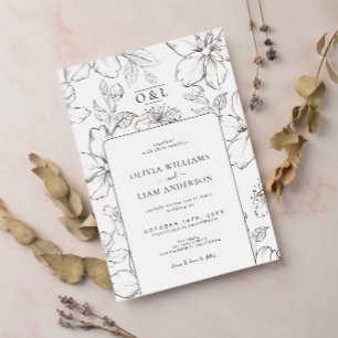 Minimale zwart-wit florale chique monogram bruilof kaart