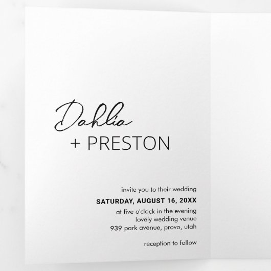 Minimale zwart-wit foto moderne bruiloft drieluik uitnodiging (Binnenzijde eerst)