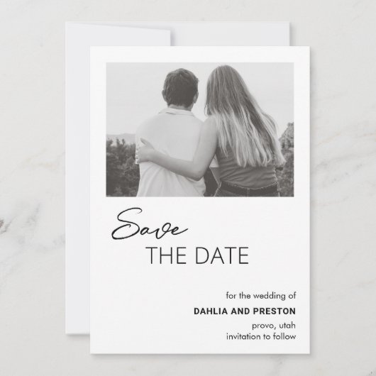 Minimale zwart-wit foto moderne bruiloft save the date (Voorkant)