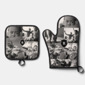 Minimale zwart-wit fotocollage monogram Crest Ovenwant & Pannenlap Set (Voorkant)