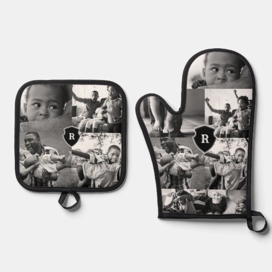 Minimale zwart-wit fotocollage monogram Crest Ovenwant & Pannenlap Set (Voorkant)