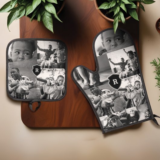 Minimale zwart-wit fotocollage monogram Crest Ovenwant & Pannenlap Set