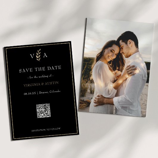 Minimale Zwart Wit & Gouden QR Code Bruiloft Save The Date