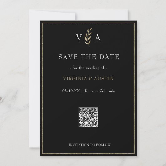 Minimale Zwart Wit & Gouden QR Code Bruiloft Save The Date (Voorkant)