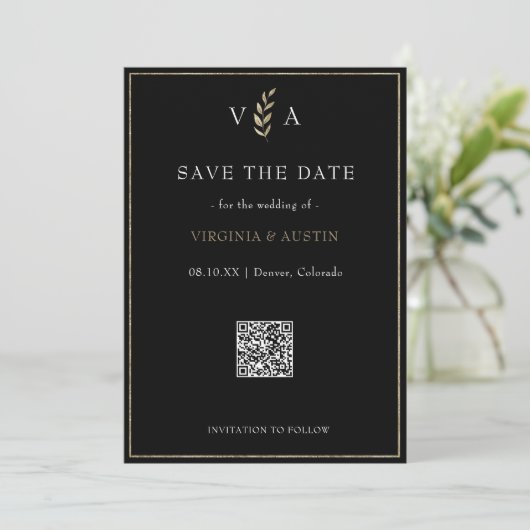 Minimale Zwart Wit & Gouden QR Code Bruiloft Save The Date (Staand voorkant)