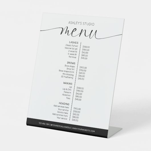 Minimale zwart-wit kapsalon prijslijst Menu Reclamebord Met Voetstuk (Voorkant)