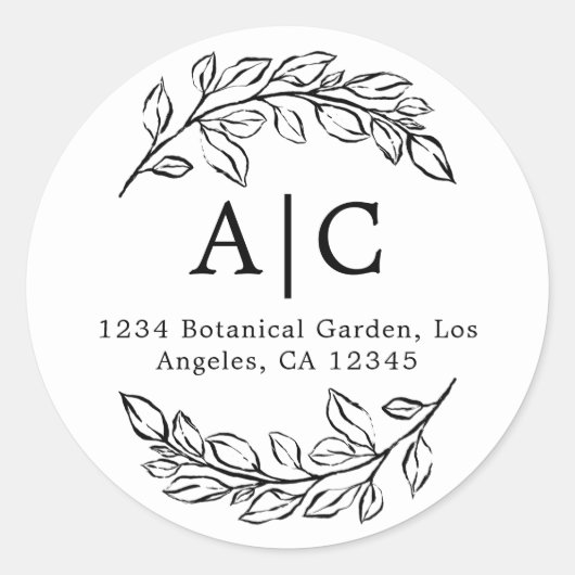 Minimale Zwart-Wit Loof Retouradresstickers Ronde Sticker (Voorkant)