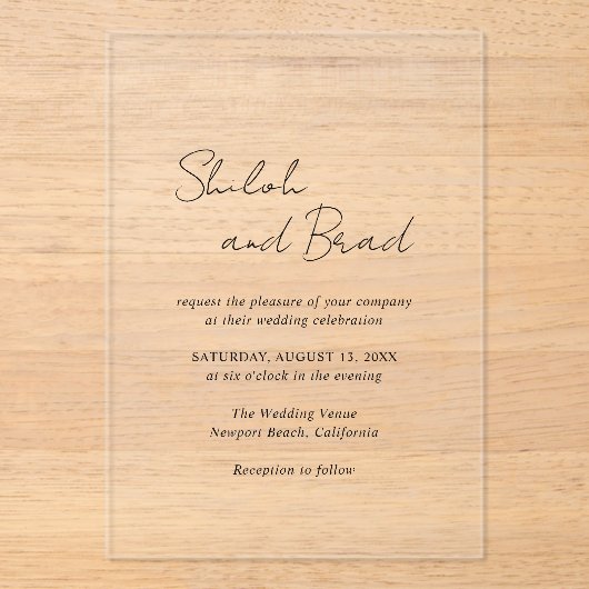 Minimale zwart-wit moderne elegante bruiloft acryl uitnodigingen (Voorkant)