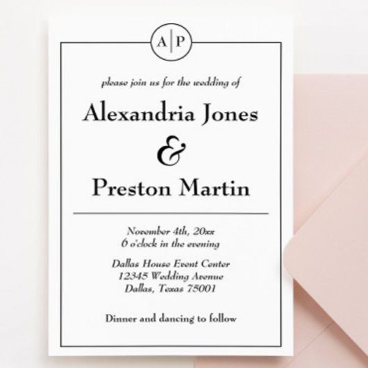 Minimale zwart-wit monogram bruiloft uitnodiging