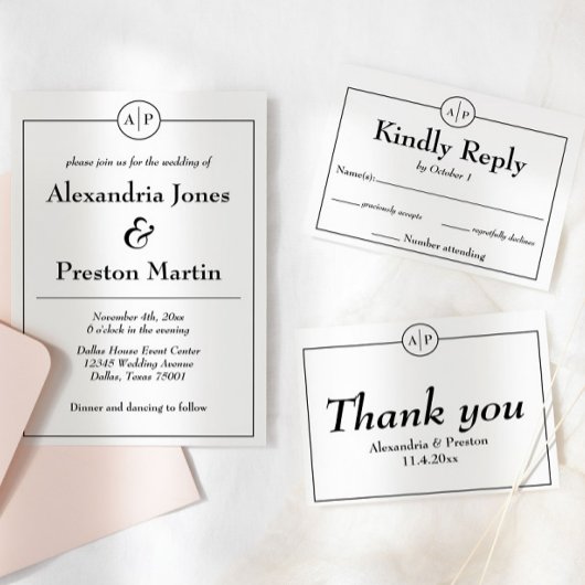 Minimale zwart-wit monogram bruiloft uitnodiging