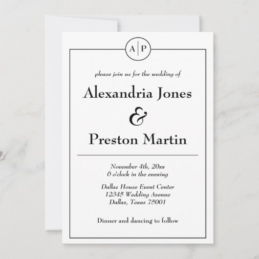 Minimale zwart-wit monogram bruiloft uitnodiging (Voorkant)