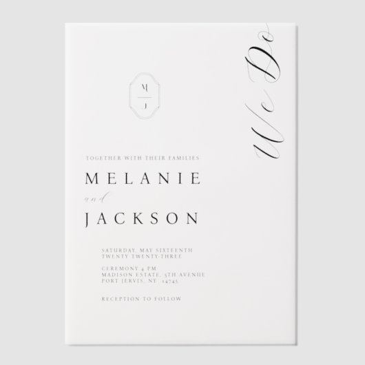 Minimale zwart-wit monogram Crest bruiloft Vellum Uitnodigingen (Voorkant)