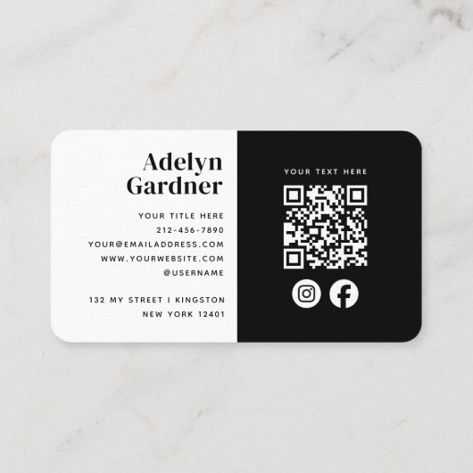 Minimale zwart-wit monogram QR-code Sociale media Visitekaartje (Achterkant)