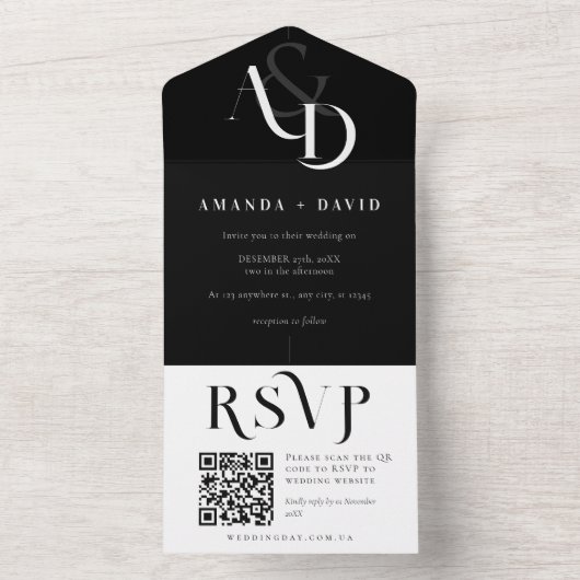Minimale zwart-wit QR-code bruiloft All In One Uitnodiging (Binnen)