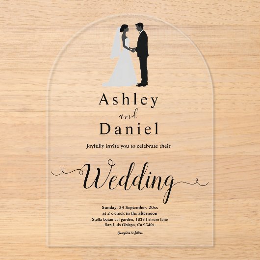 Minimale zwart-wit romantische moderne bruiloft acryl uitnodigingen (Voorkant)