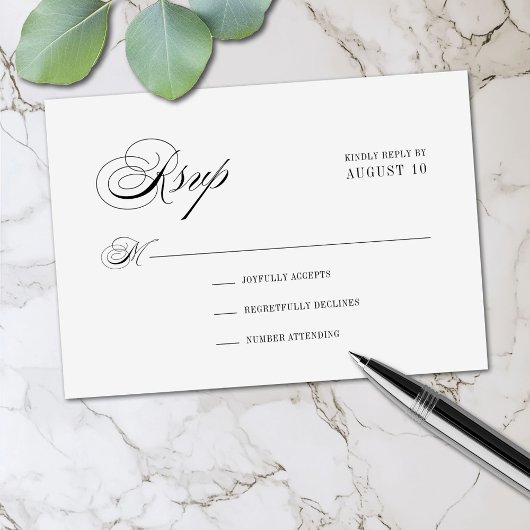 Minimale zwart-wit romantische script bruiloft RSVP kaartje