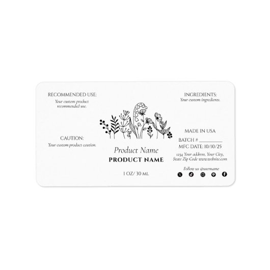 Minimale zwart-wit Wildflowers Product Label (Voorkant)