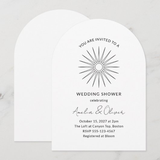 Minimale zwart witte Sunburst Lines Trouwdouche Kaart (Voorkant / Achterkant)