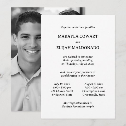 Minimale zwart/witte tempel bruiloft twee receptie kaart (Voorkant / Achterkant)