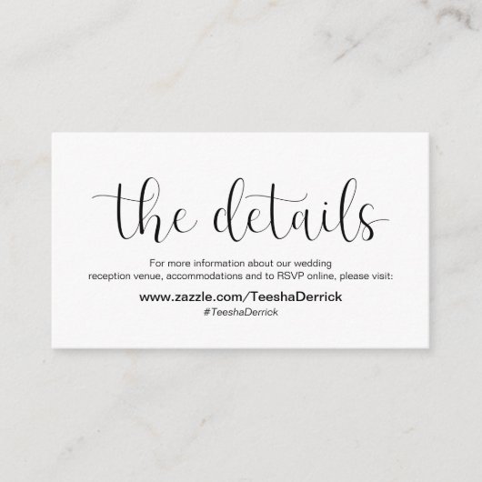 Minimale, zwarte doopvont, de Details van de Weddi Informatiekaartje (Voorkant)