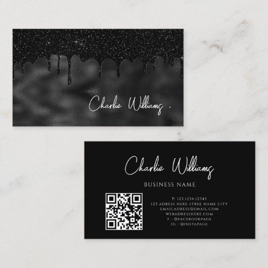 Minimale zwarte druppelaar Glitter QR-code Eenvoud Visitekaartje (Voorkant / Achterkant)